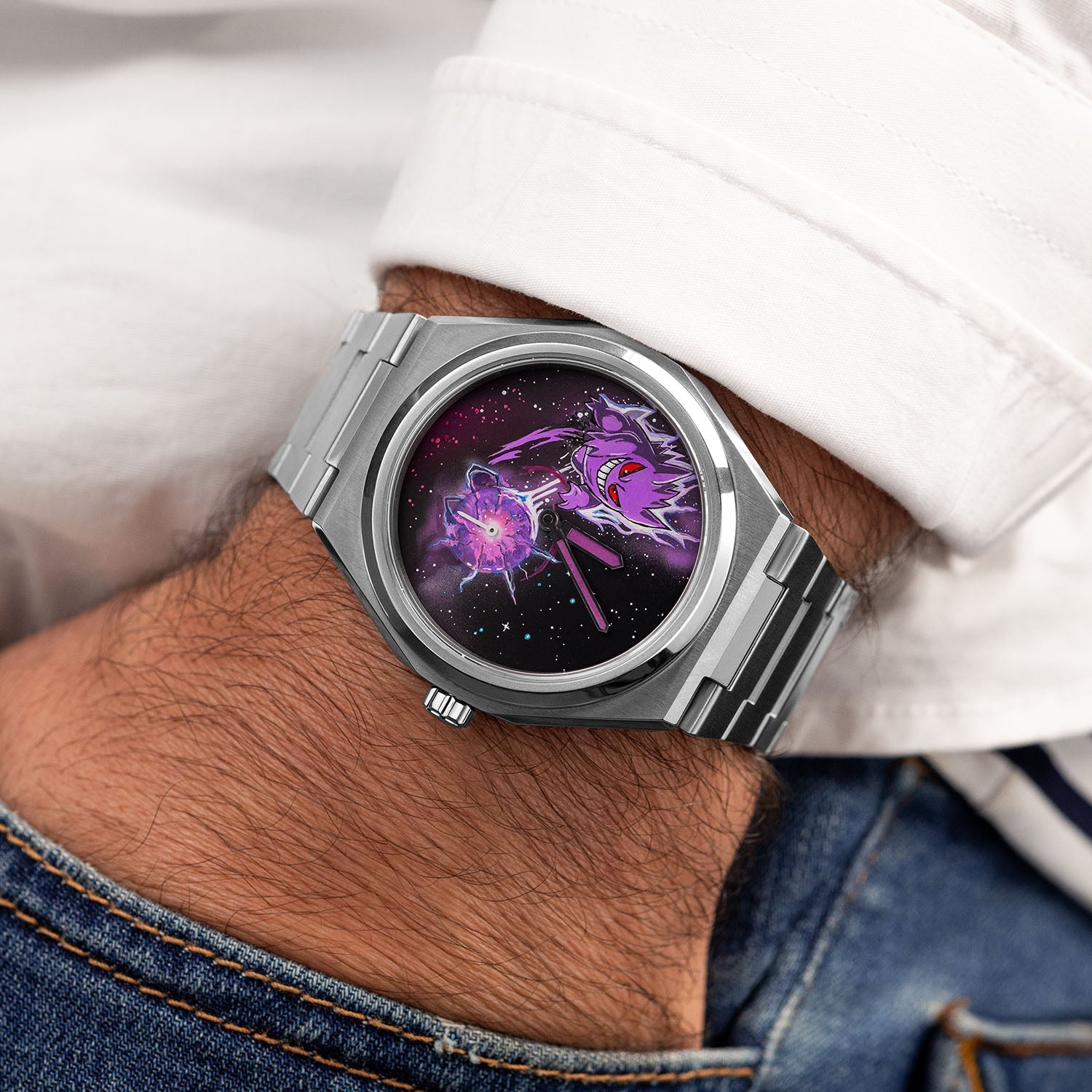 Defiant Shadow Concept — Hand-painted dial seen from above on the wrist, purple lume hands over a custom cosmic scene, a bespoke timepiece by IFL Watches.