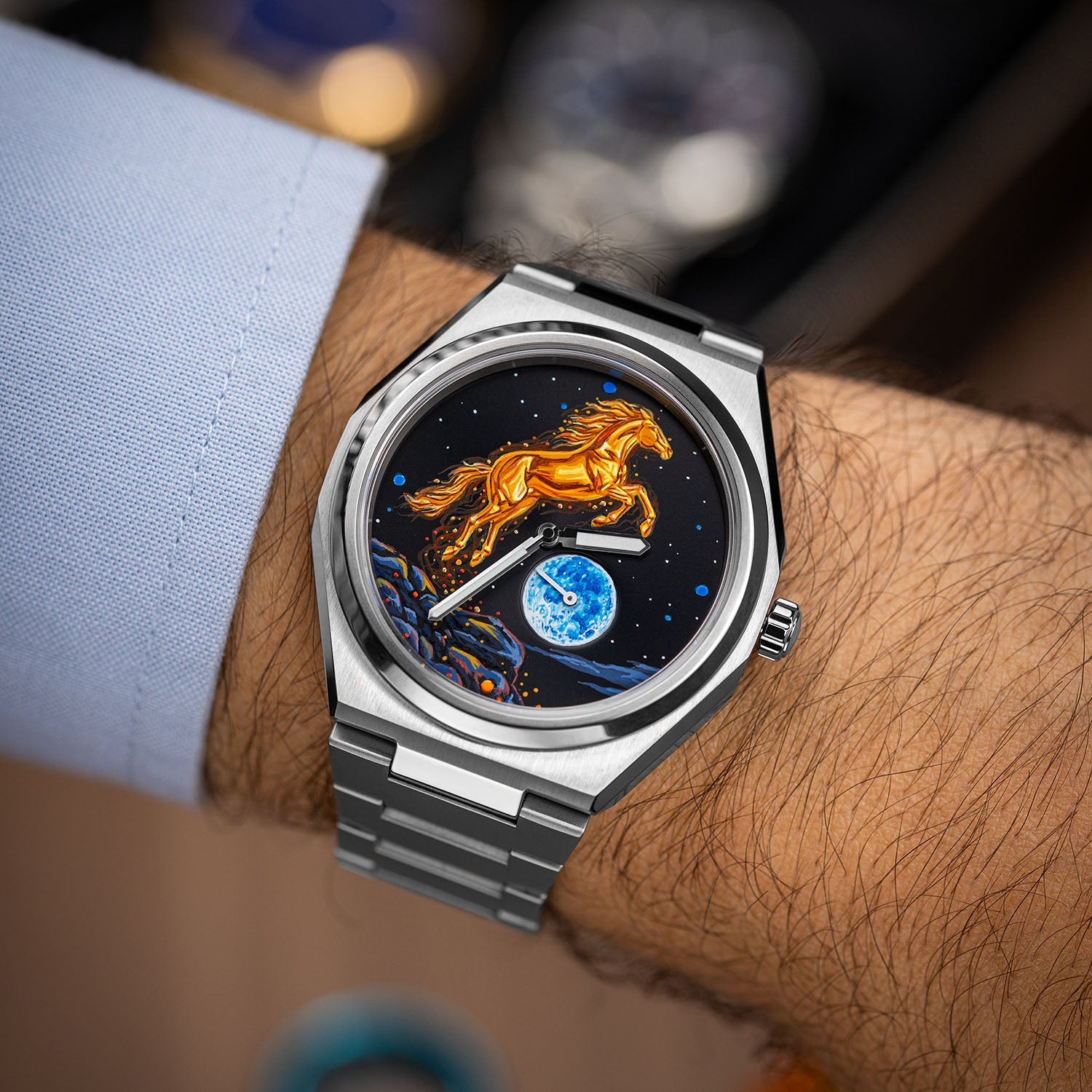 Citizen Zenshin Golden Stallion – Hand-painted custom Citizen Zenshin featuring a golden horse under a moonlit sky, a bespoke timepiece by IFL Watches