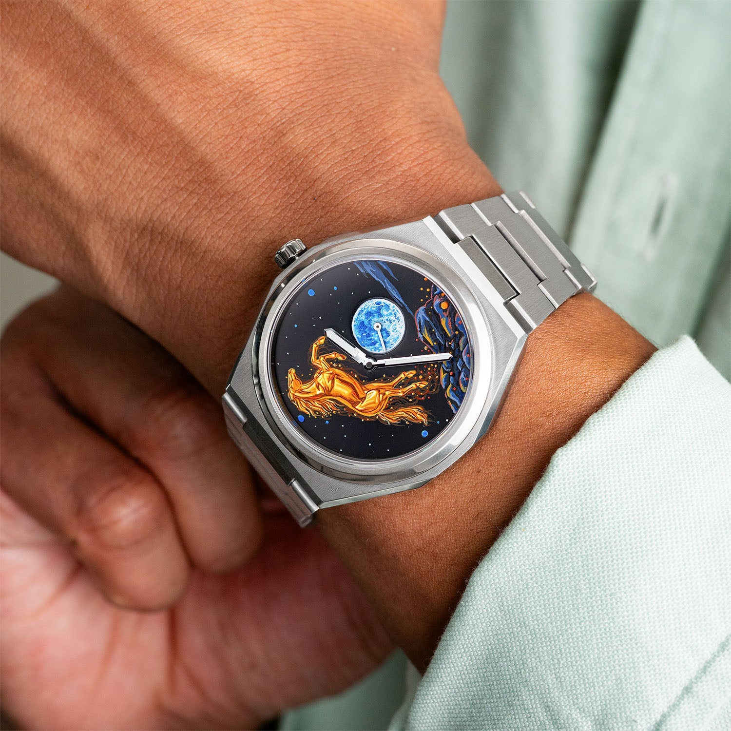 Citizen Zenshin Golden Stallion – Hand-painted custom Citizen Zenshin featuring a golden horse under a moonlit sky, a bespoke timepiece by IFL Watches