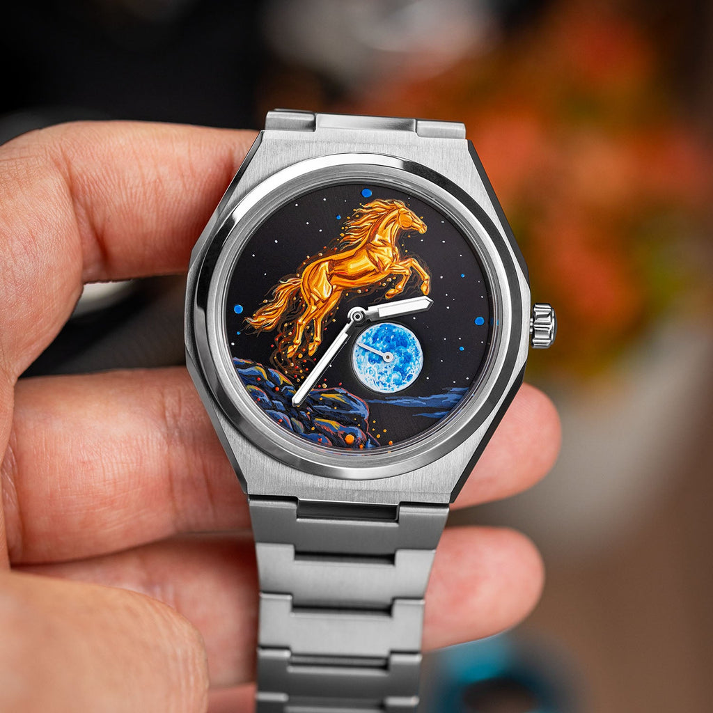 Citizen Zenshin Golden Stallion – Hand-painted custom Citizen Zenshin featuring a golden horse under a moonlit sky, a bespoke timepiece by IFL Watches