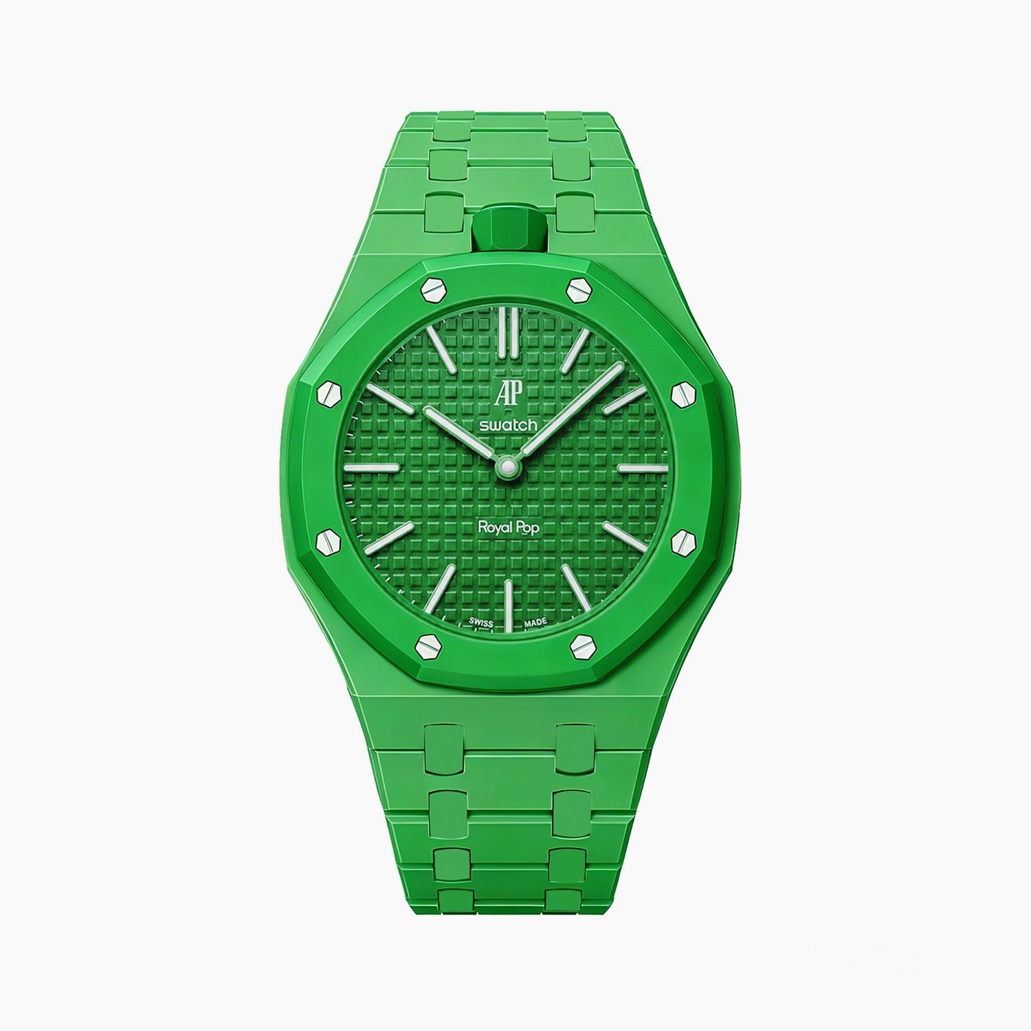 Green Eight Swatch × AP Royal Pop Ceramic Case-Strap — rich green kit with the Royal Pop head seated in the case, by IFL Watches
