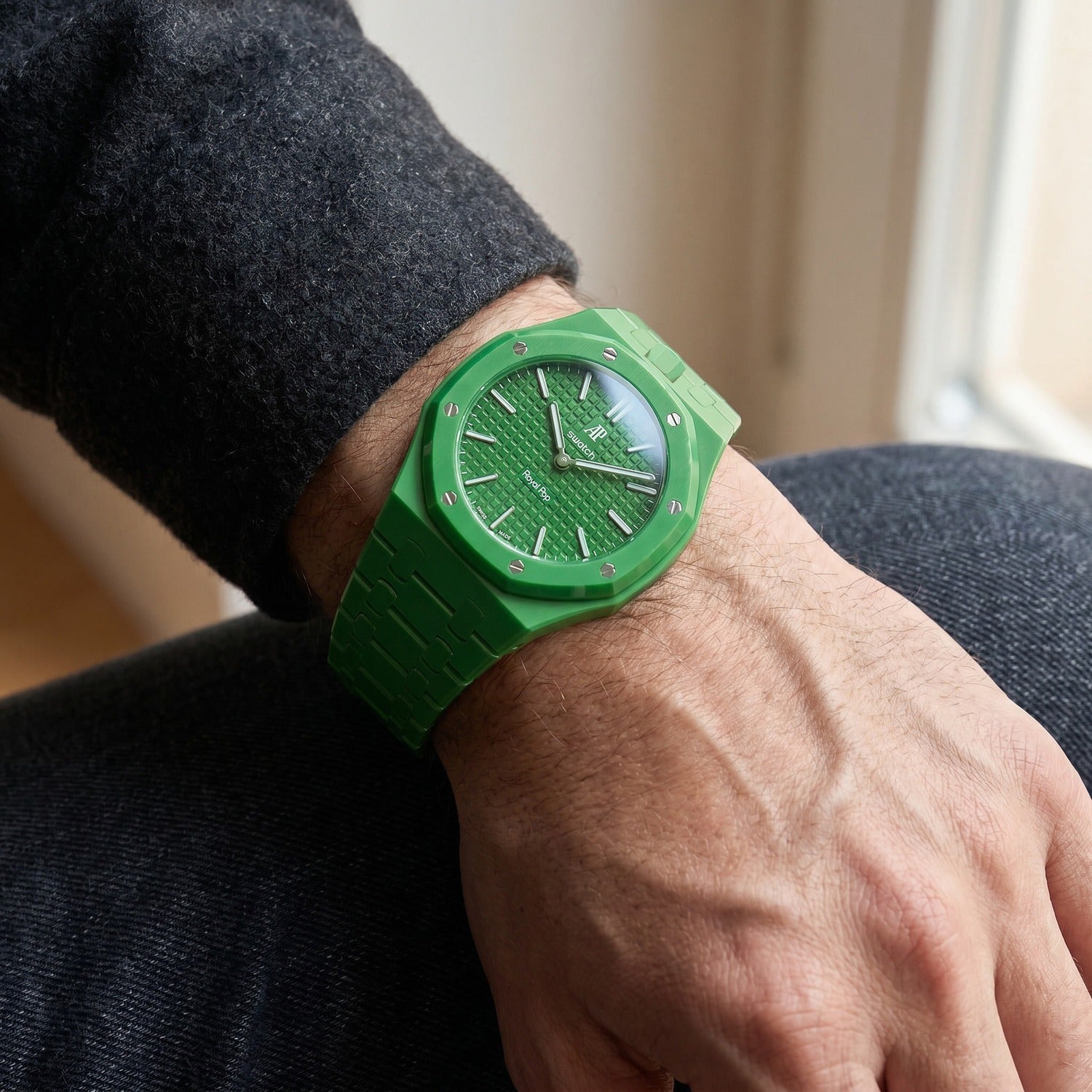 Green Eight Swatch × AP Royal Pop Ceramic Case-Strap — worn in a everyday scene, by IFL Watches