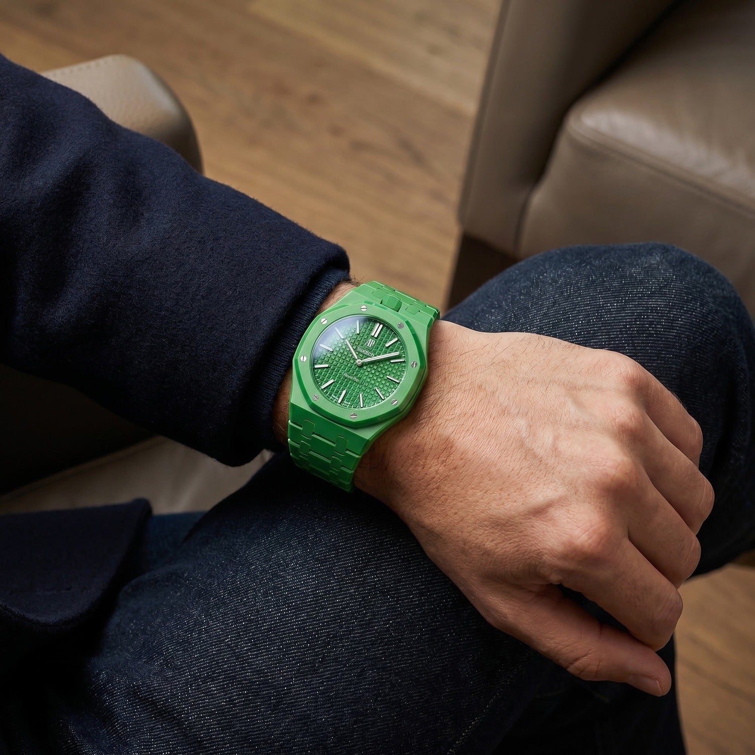 Green Eight Swatch × AP Royal Pop Ceramic Case-Strap — worn in a lounge scene, by IFL Watches