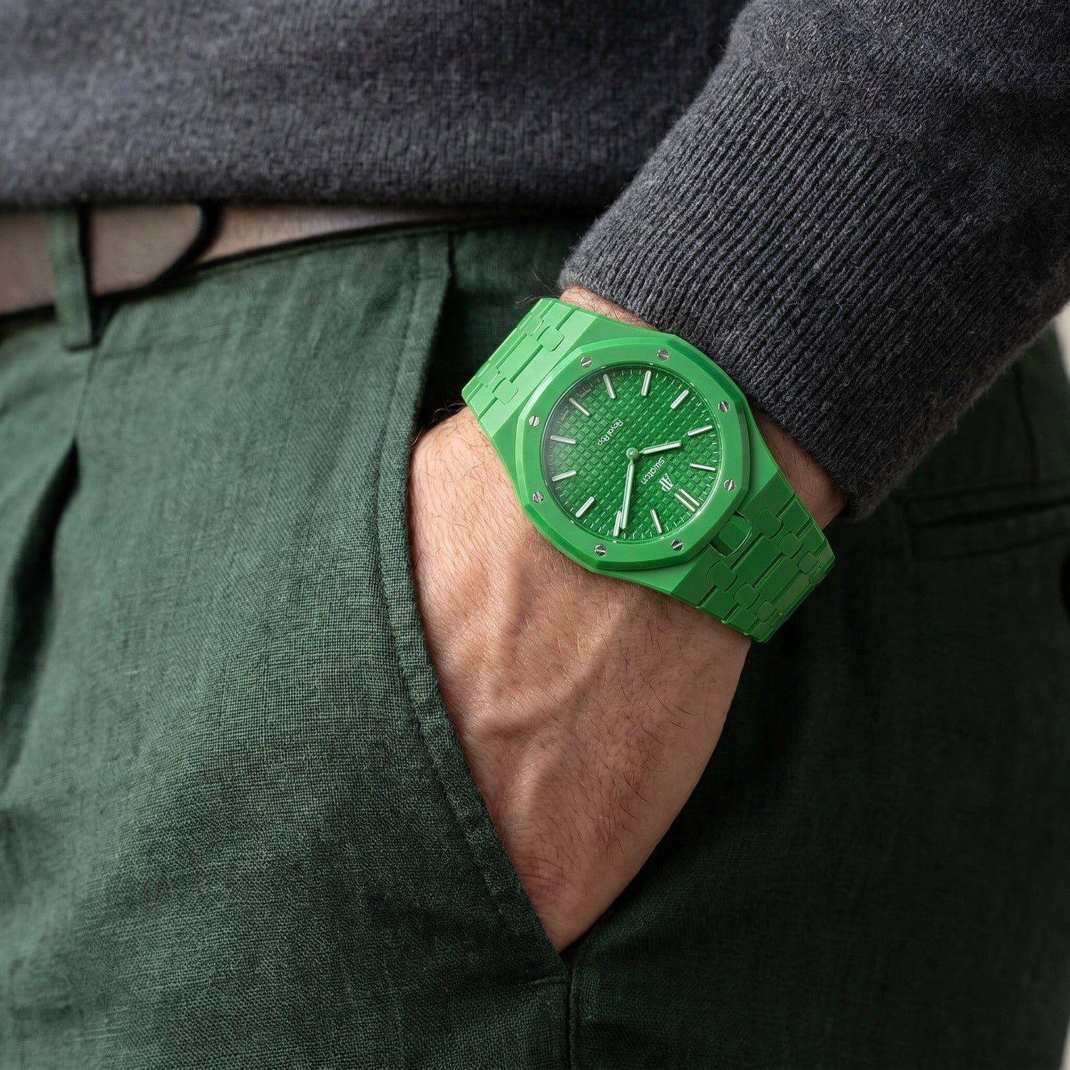 Green Eight Swatch × AP Royal Pop Ceramic Case-Strap — worn in a pocket scene, by IFL Watches