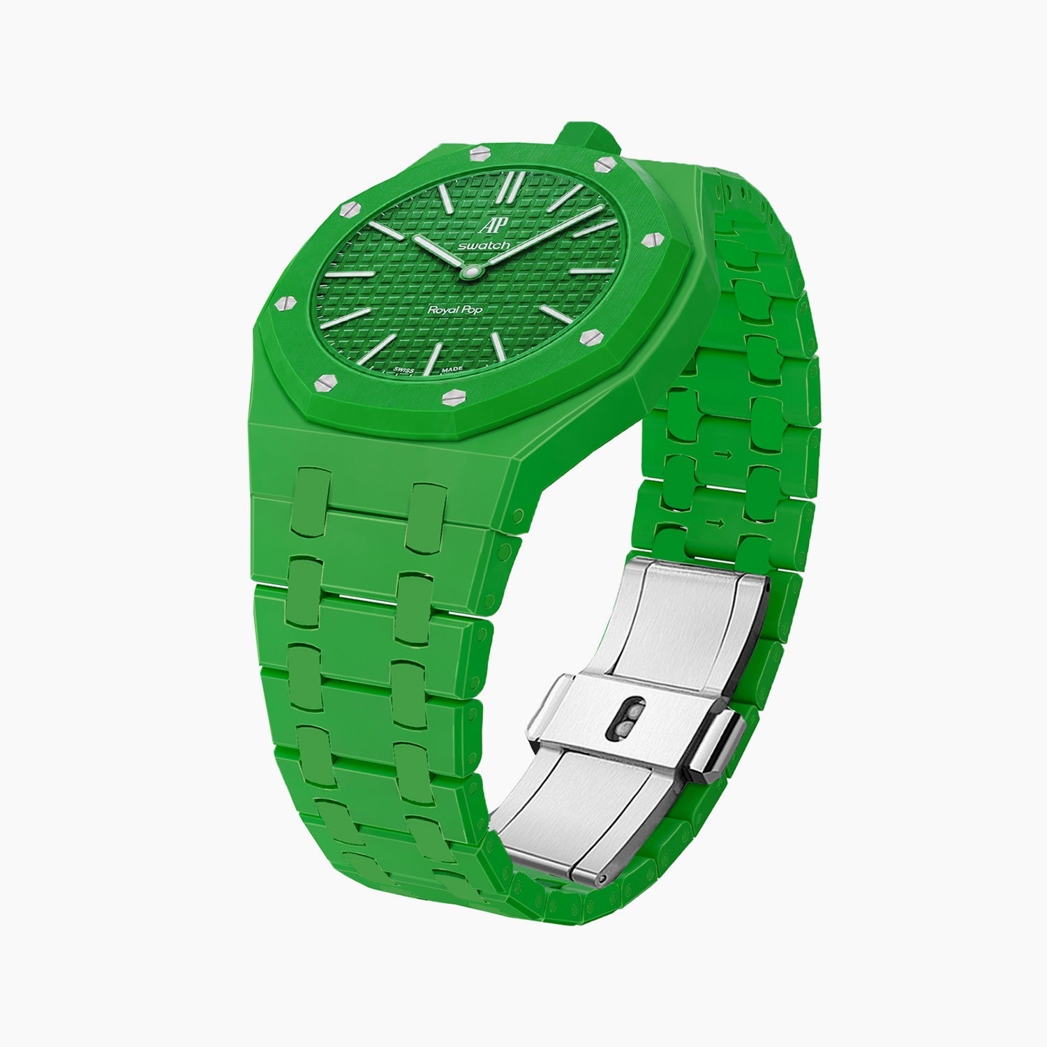 Green Eight Swatch × AP Royal Pop Ceramic Case-Strap — the Royal Pop Green Eight seated in our ceramic kit, three-quarter view, by IFL Watches