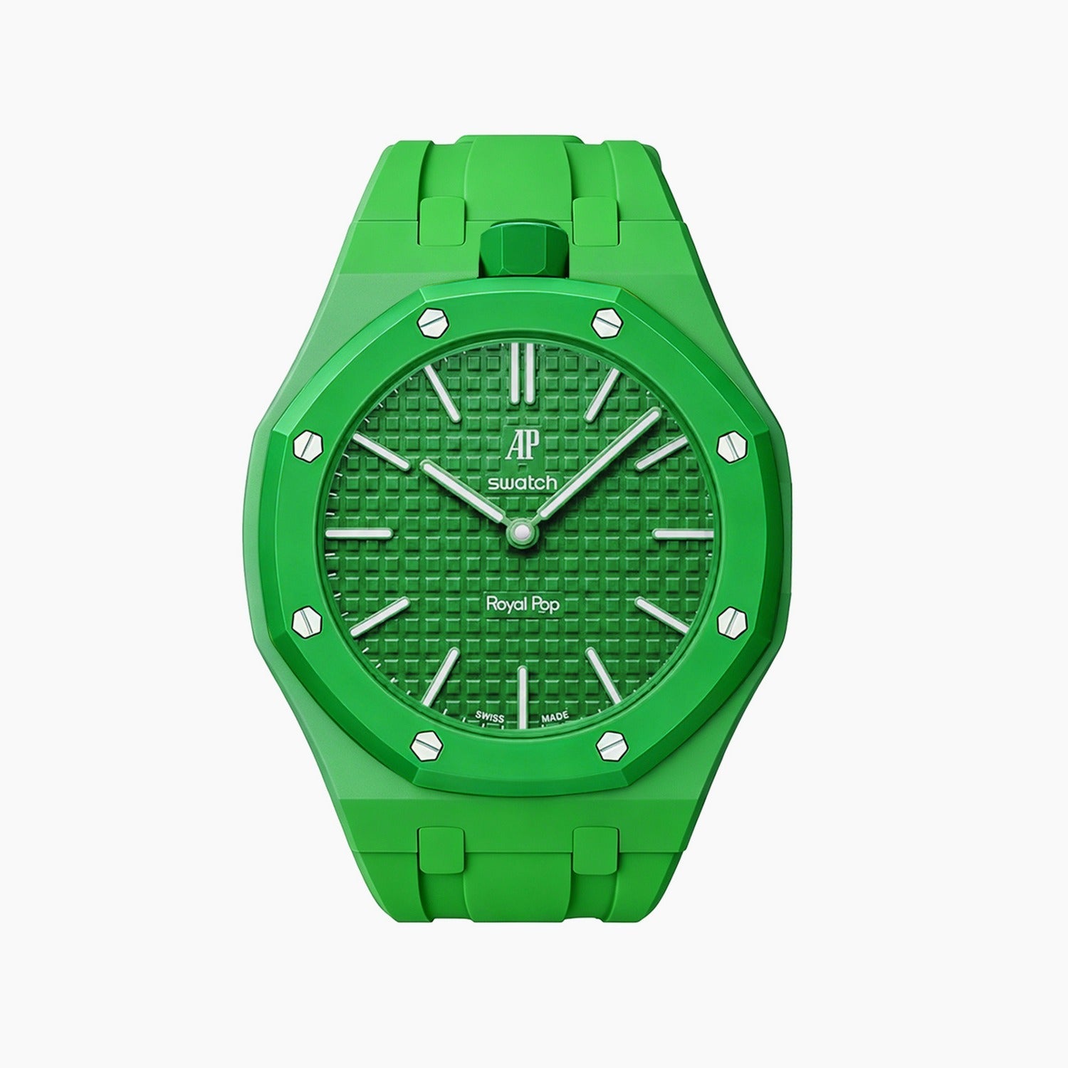 Green Eight Swatch × AP Royal Pop Rubber Case-Strap — rich green kit with the Royal Pop head seated in the case, by IFL Watches
