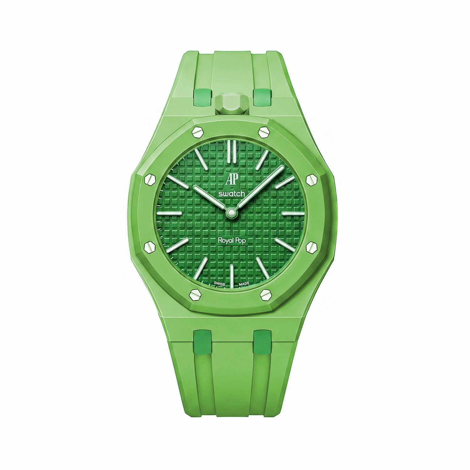 Green Eight Swatch × AP Royal Pop Rubber Case-Strap — rich green kit with the Royal Pop head seated in the case, by IFL Watches