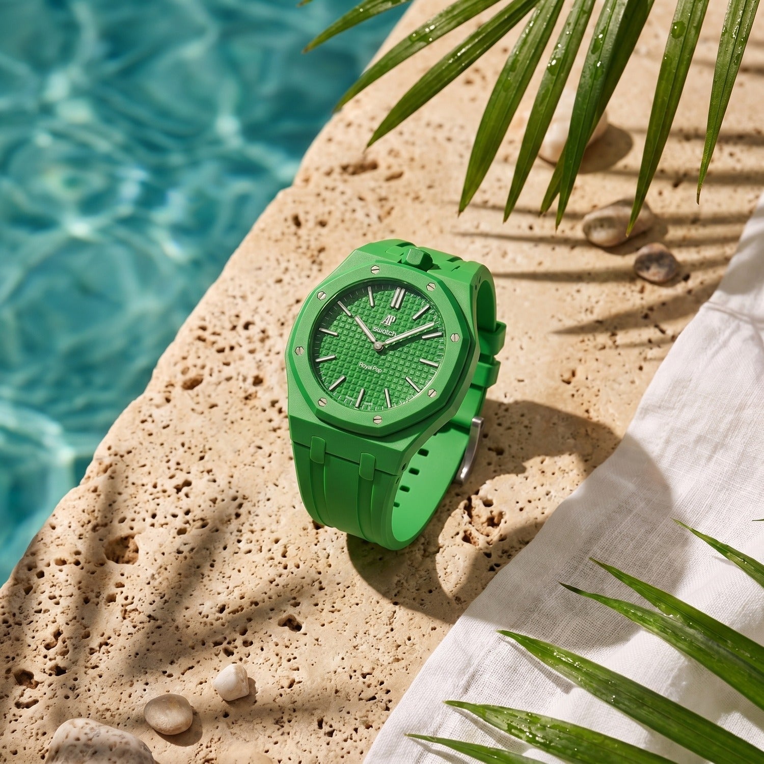Green Eight Swatch × AP Royal Pop Rubber Case-Strap — worn in a poolside scene, by IFL Watches