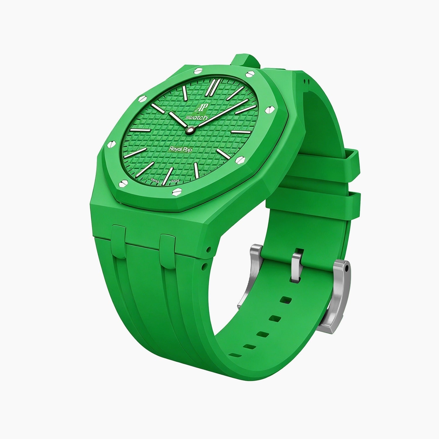 Green Eight Swatch × AP Royal Pop Rubber Case-Strap — bare rich green rubber strap with empty case bracket, by IFL Watches