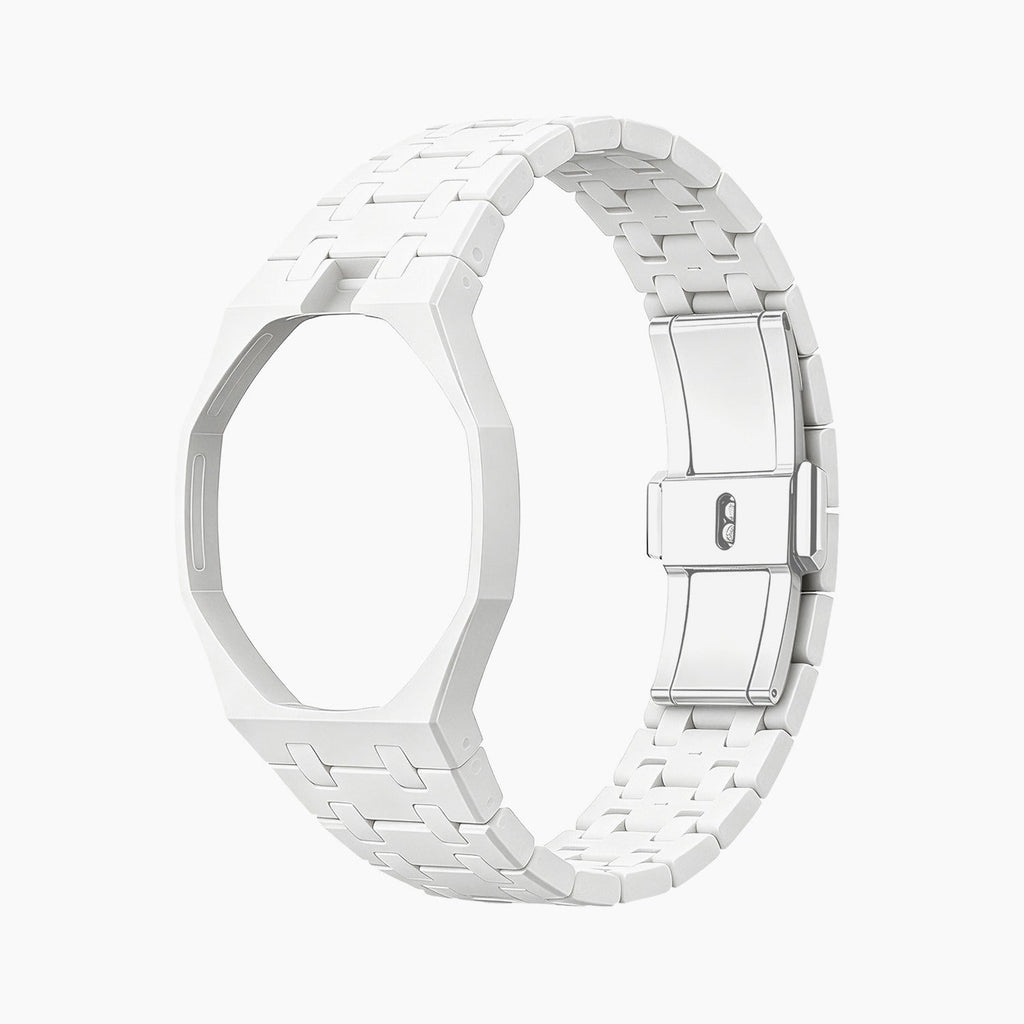 Huit Blanc Swatch × AP Royal Pop Ceramic Case-Strap — bare crisp white ceramic bracelet with empty case bracket, side view, by IFL Watches