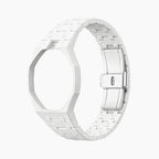 Huit Blanc Swatch × AP Royal Pop Ceramic Case-Strap — bare crisp white ceramic bracelet with empty case bracket, side view, by IFL Watches