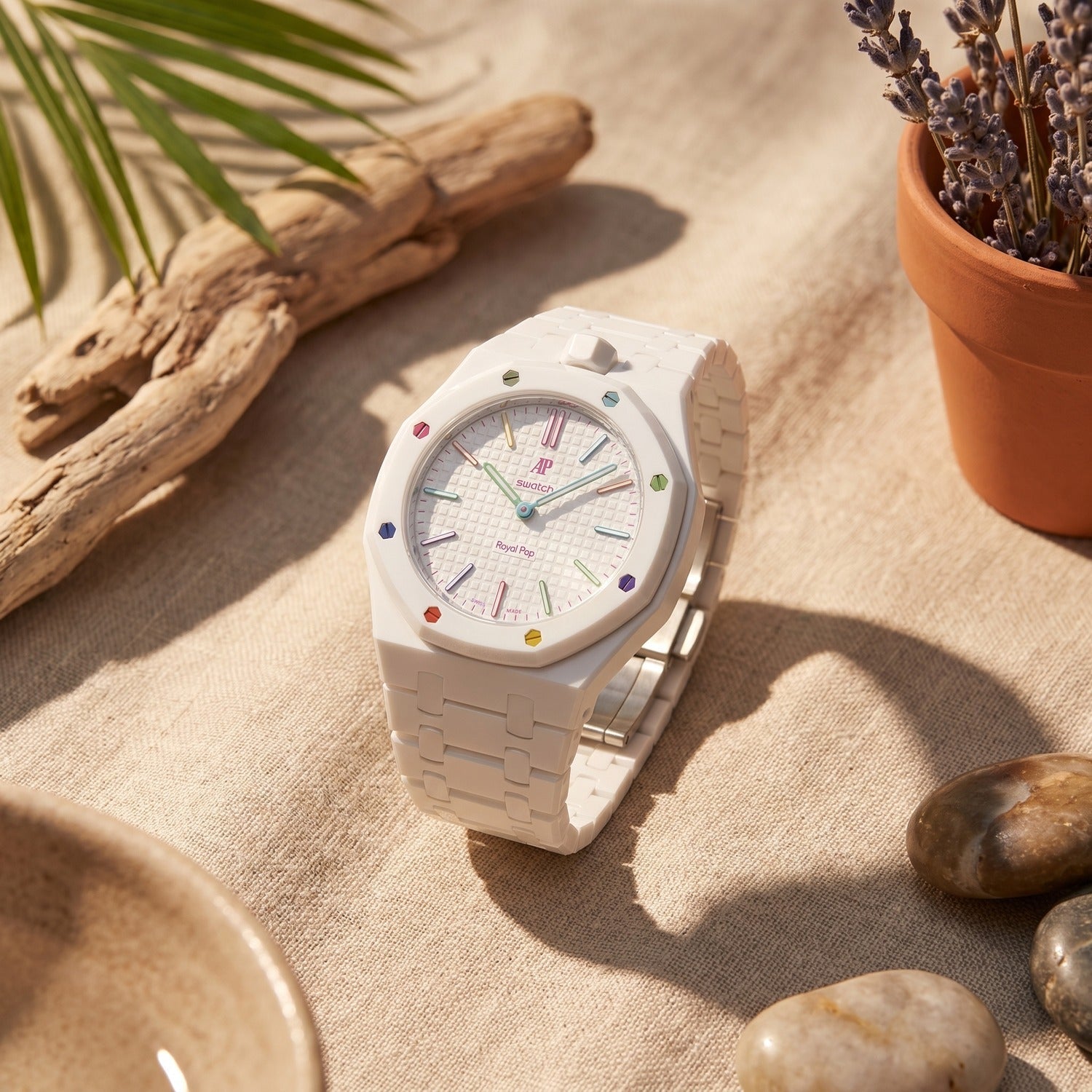 Huit Blanc Swatch × AP Royal Pop Ceramic Case-Strap — worn in a driftwood scene, by IFL Watches