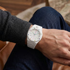 Huit Blanc Swatch × AP Royal Pop Ceramic Case-Strap — worn in a lounge scene, by IFL Watches
