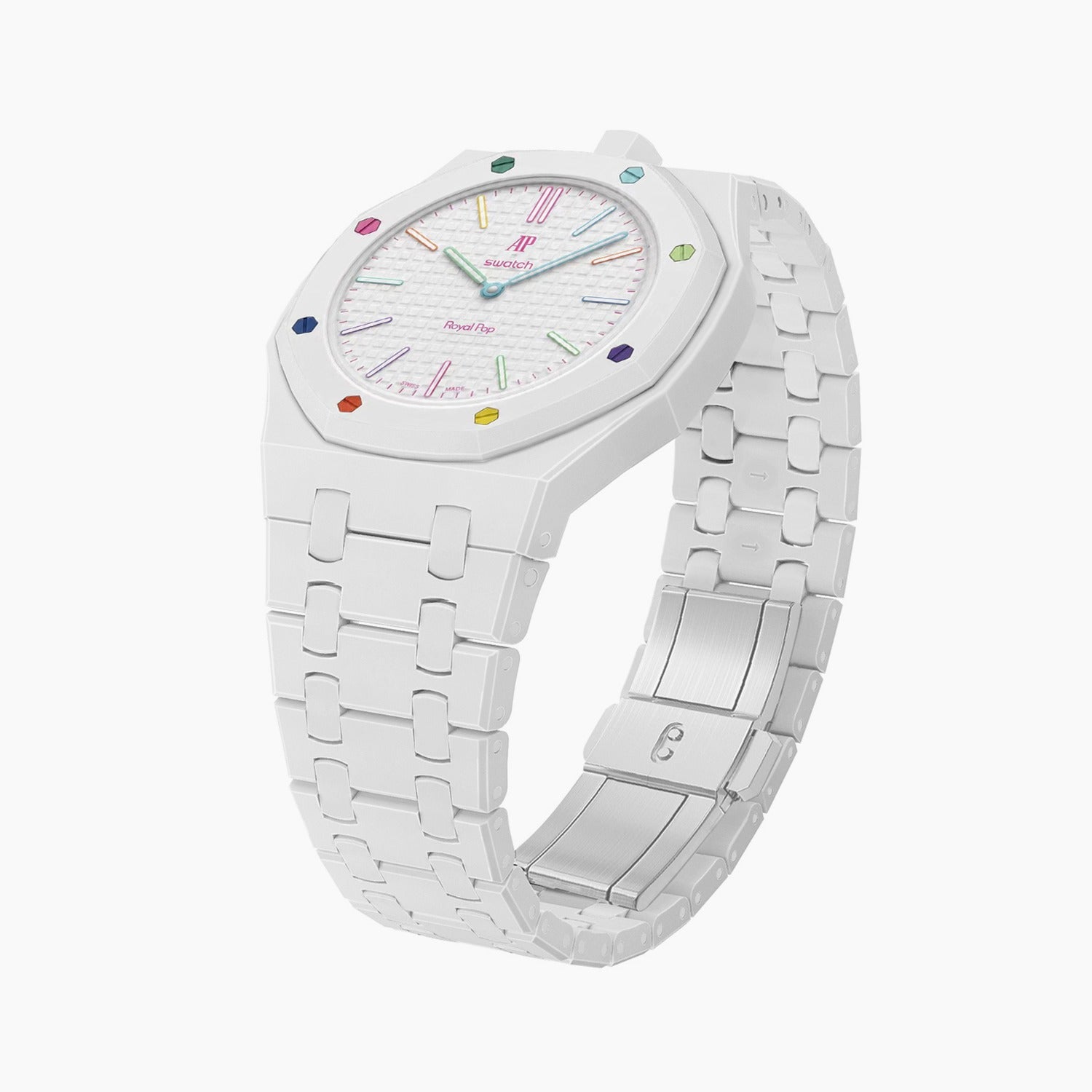Huit Blanc Swatch × AP Royal Pop Ceramic Case-Strap — the Royal Pop Huit Blanc seated in our ceramic kit, three-quarter view, by IFL Watches