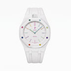 Huit Blanc Swatch × AP Royal Pop Rubber Case-Strap — crisp white kit with the Royal Pop head seated in the case, by IFL Watches