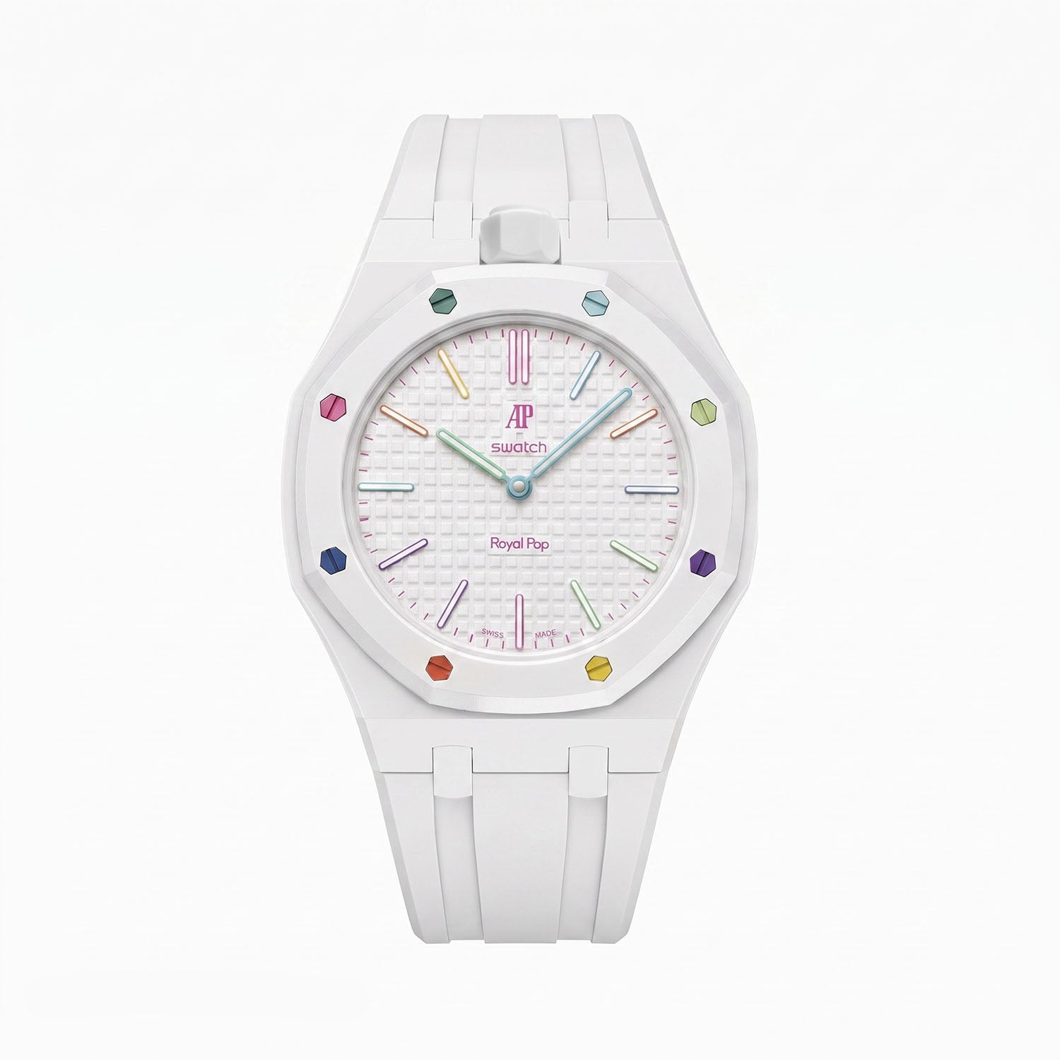 Huit Blanc Swatch × AP Royal Pop Rubber Case-Strap — crisp white kit with the Royal Pop head seated in the case, by IFL Watches