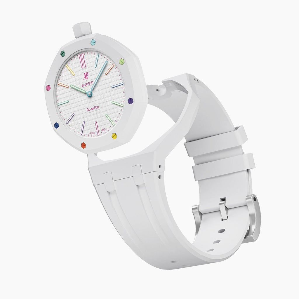 Huit Blanc Swatch × AP Royal Pop Rubber Case-Strap — case and strap shown separately above the Royal Pop, by IFL Watches