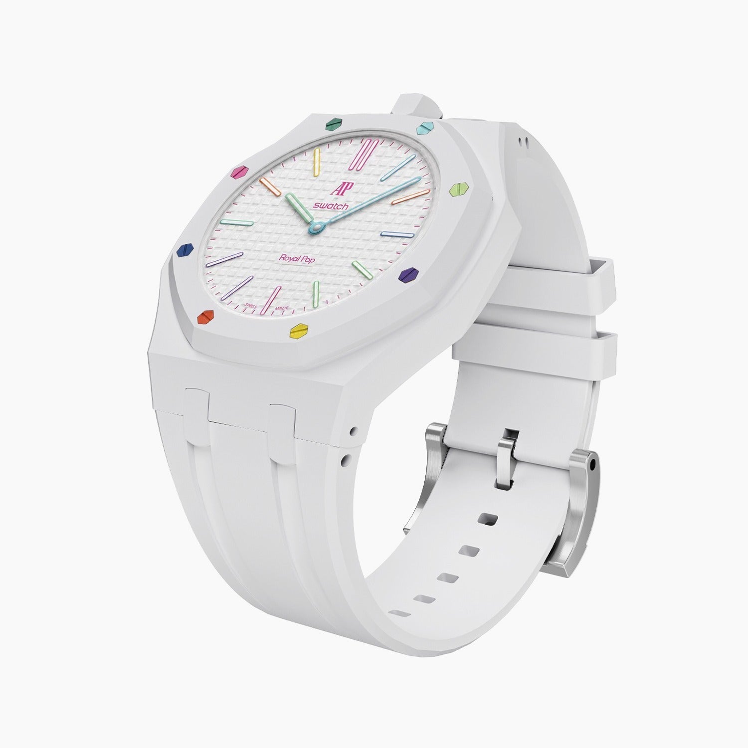 Huit Blanc Swatch × AP Royal Pop Rubber Case-Strap — the Royal Pop Huit Blanc seated in our rubber kit, three-quarter view, by IFL Watches