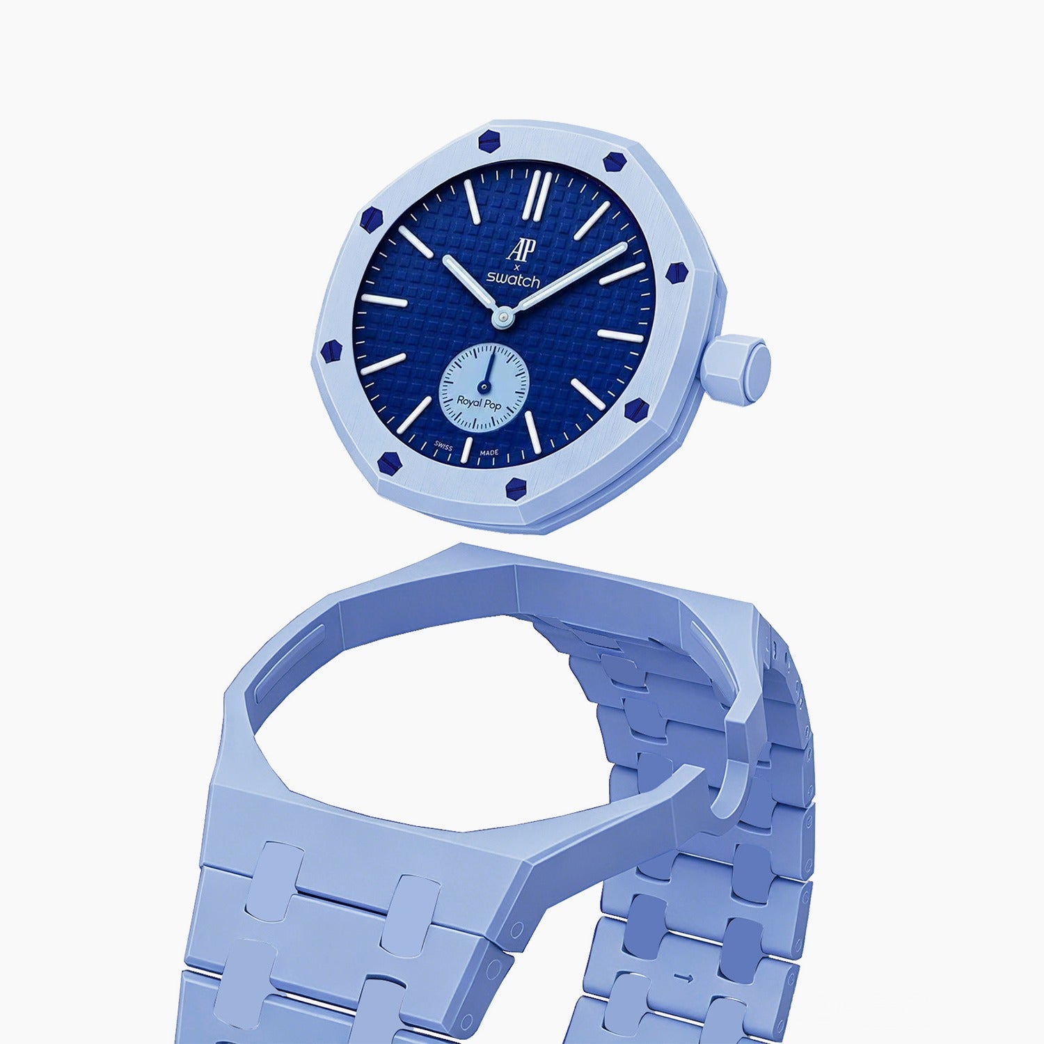 Lan Ba Swatch × AP Royal Pop Ceramic Case-Strap — case and strap shown separately above the Royal Pop, by IFL Watches