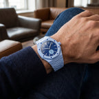 Lan Ba Swatch × AP Royal Pop Ceramic Case-Strap — worn in a lounge scene, by IFL Watches