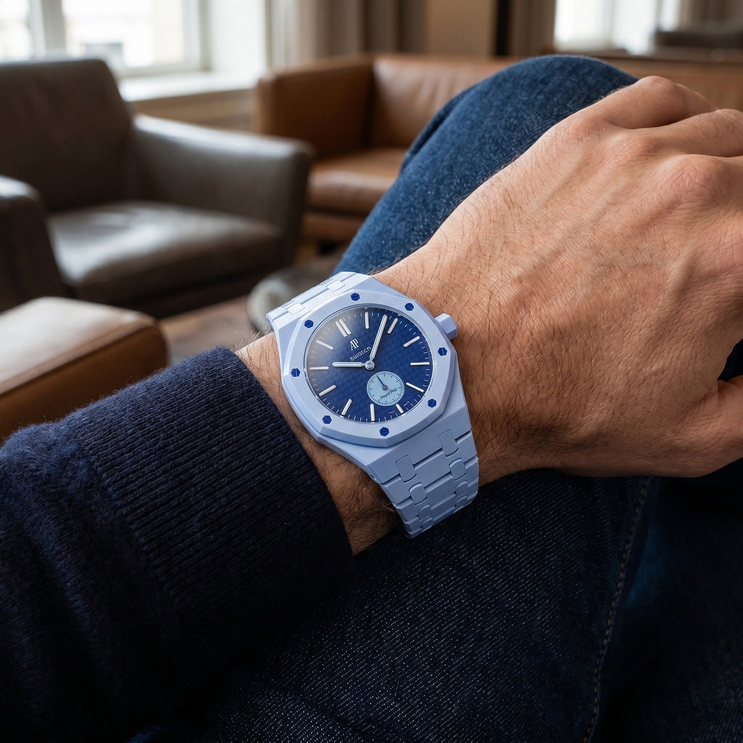 Lan Ba Swatch × AP Royal Pop Ceramic Case-Strap — worn in a lounge scene, by IFL Watches