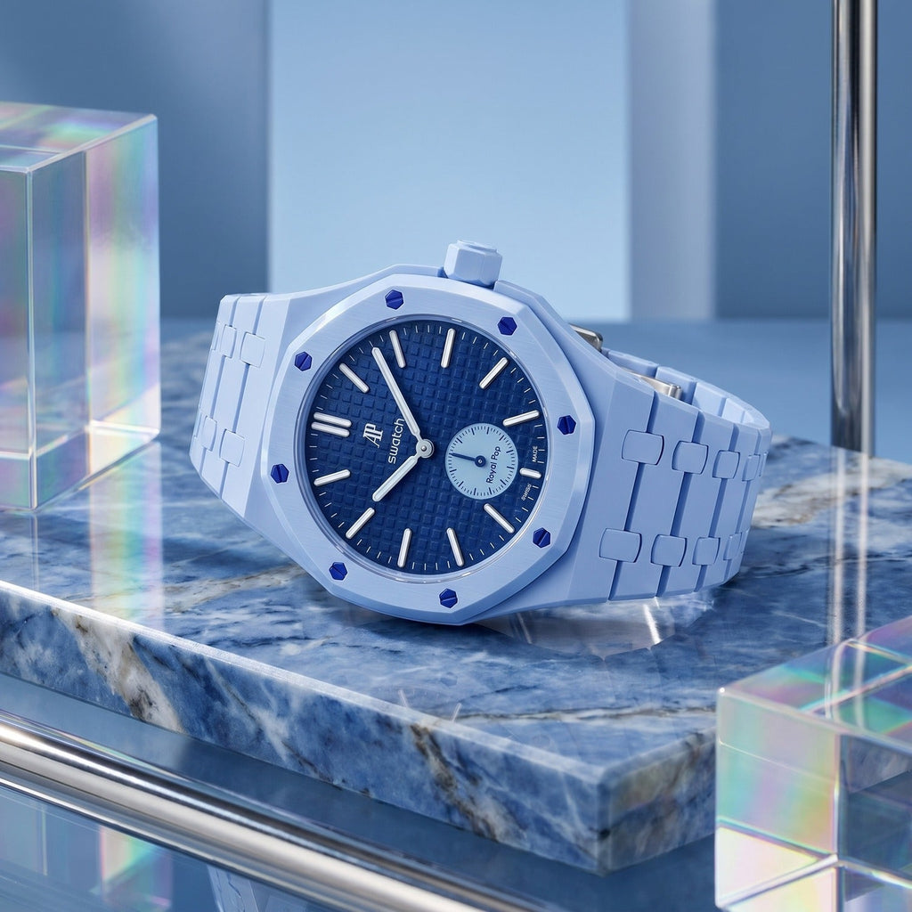 Lan Ba Swatch × AP Royal Pop Ceramic Case-Strap — worn in a marble scene, by IFL Watches