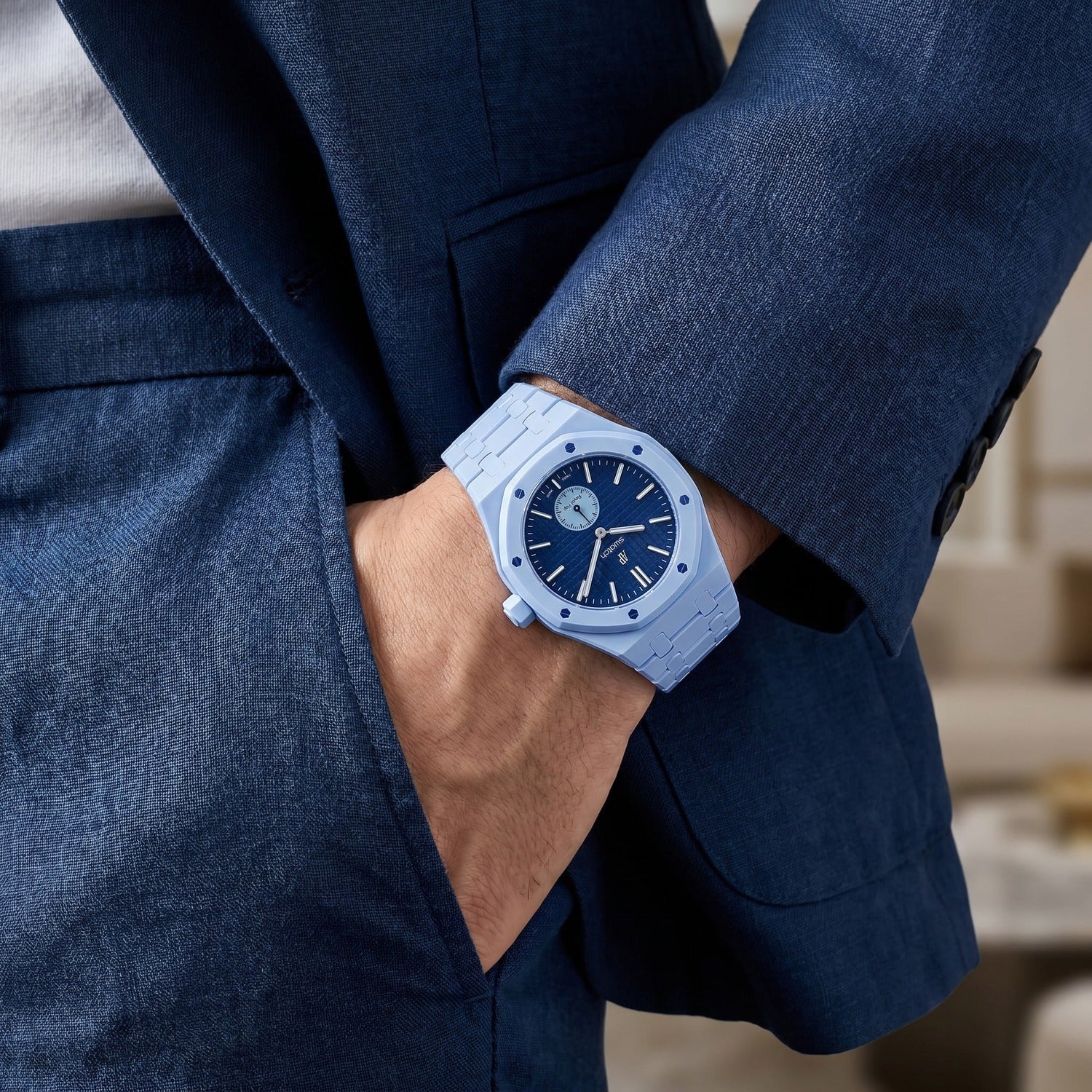 Lan Ba Swatch × AP Royal Pop Ceramic Case-Strap — worn in a pocket scene, by IFL Watches