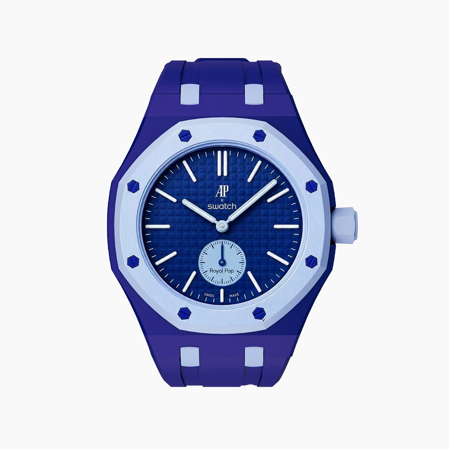 Lan Ba Swatch × AP Royal Pop Rubber Case-Strap — blue with light-blue accents kit with the Royal Pop head seated in the case, by IFL Watches