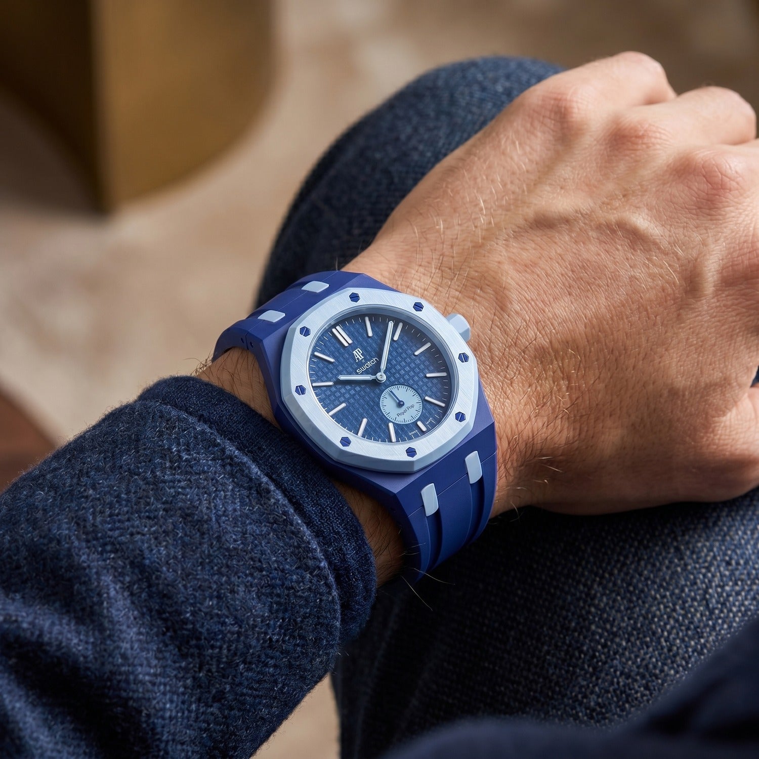 Lan Ba Swatch × AP Royal Pop Rubber Case-Strap — worn in a everyday scene, by IFL Watches