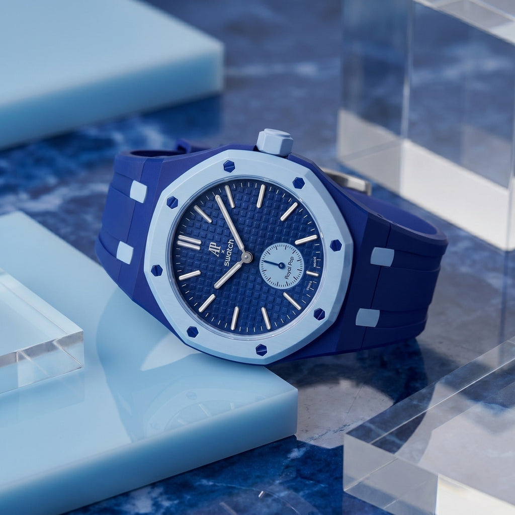 Lan Ba Swatch × AP Royal Pop Rubber Case-Strap — worn in a marble scene, by IFL Watches