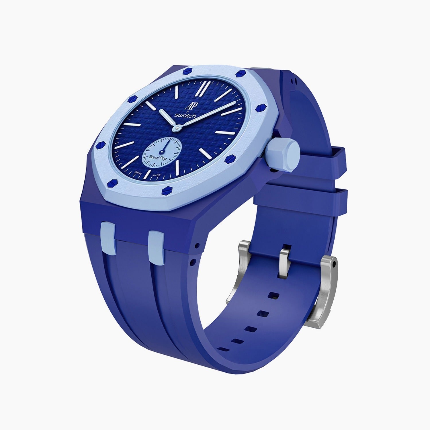 Lan Ba Swatch × AP Royal Pop Rubber Case-Strap — the Royal Pop Lan Ba seated in our rubber kit, three-quarter view, by IFL Watches