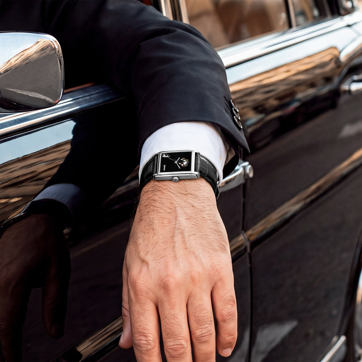 Laphont Bloc Bouquella — Worn with a dark suit and white shirt cuff, an arm resting on the door of a polished black classic car, a hand-painted limited edition timepiece by IFL Watches