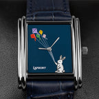 Laphont Bloc Skybound — Close-up of the hand-painted white rabbit holding five kites in purple, yellow, red, green and pink, the strings crossing the centre of the deep navy dial, a custom limited edition watch by IFL Watches