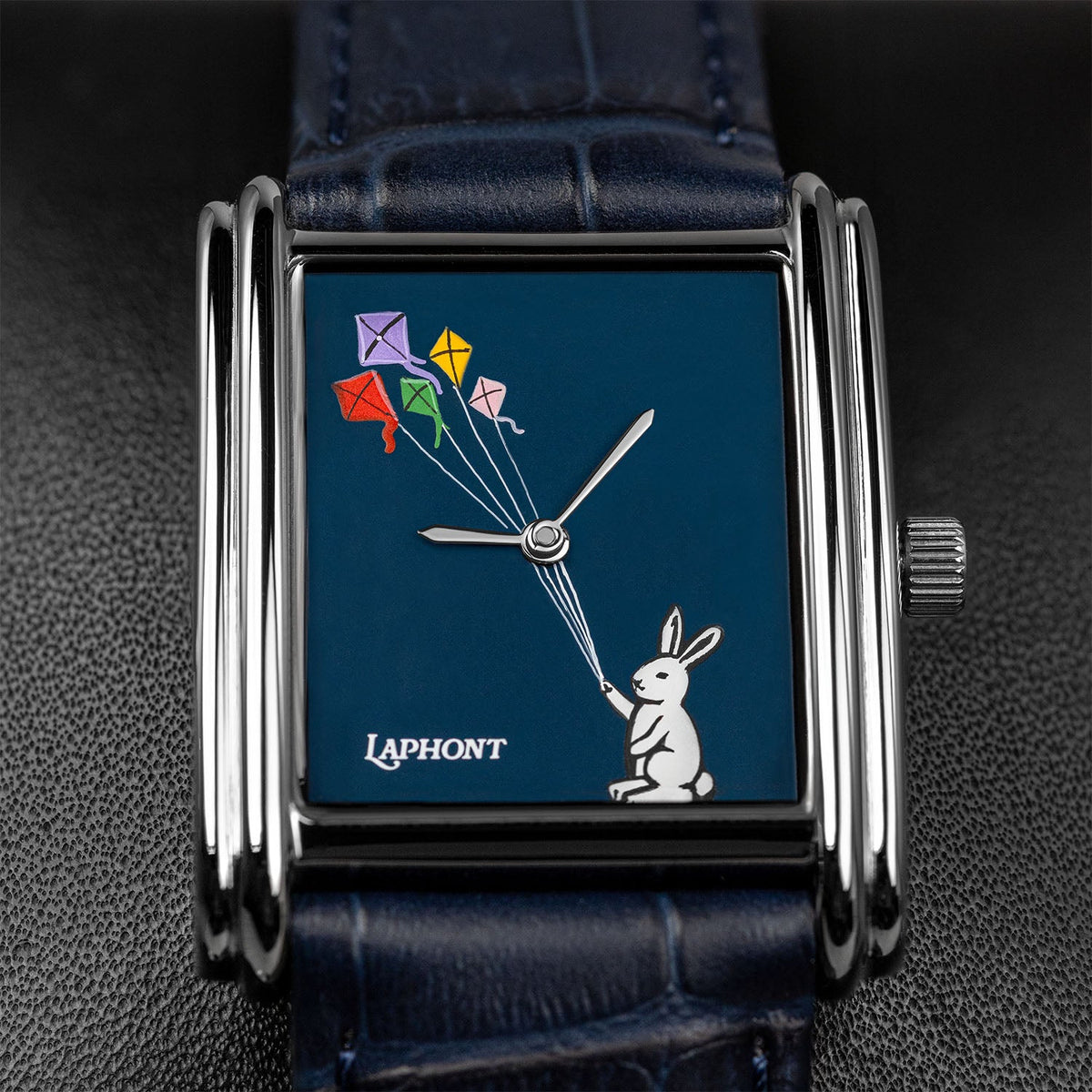 Laphont Bloc Skybound — Close-up of the hand-painted white rabbit holding five kites in purple, yellow, red, green and pink, the strings crossing the centre of the deep navy dial, a custom limited edition watch by IFL Watches
