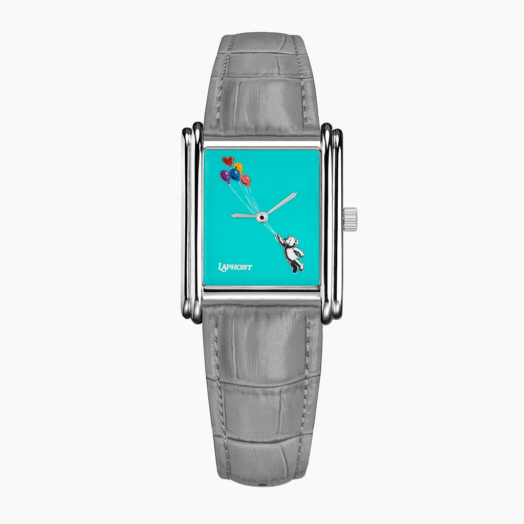 Laphont Bloc Cloudling — Laphont Bloc transformed with a hand-painted teddy bear drifting beneath five balloons on a glossy turquoise dial, with grey croc-embossed strap, a limited edition custom timepiece by IFL Watches