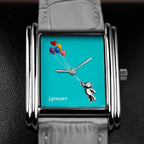 Laphont Bloc Cloudling — Close-up of the hand-painted teddy bear hanging from five balloons, a red heart at the top, the strings running through the centre of the turquoise dial, a custom limited edition watch by IFL Watches