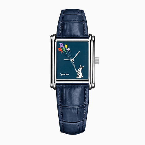Laphont Bloc Skybound — Custom Laphont Bloc with a hand-painted white rabbit flying five kites across a deep navy dial, on a navy croc-embossed strap, a limited edition timepiece by IFL Watches