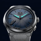 Lucky Harvey Chiming Watch 2.0 Blue — In the dark, showing the luminous hands, available at IFL Watches.