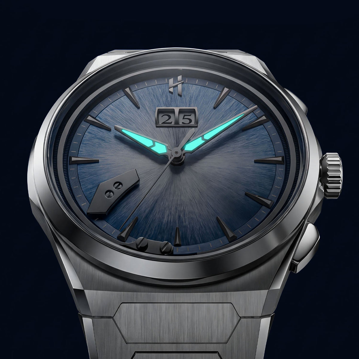 Lucky Harvey Chiming Watch 2.0 Blue — In the dark, showing the luminous hands, available at IFL Watches.