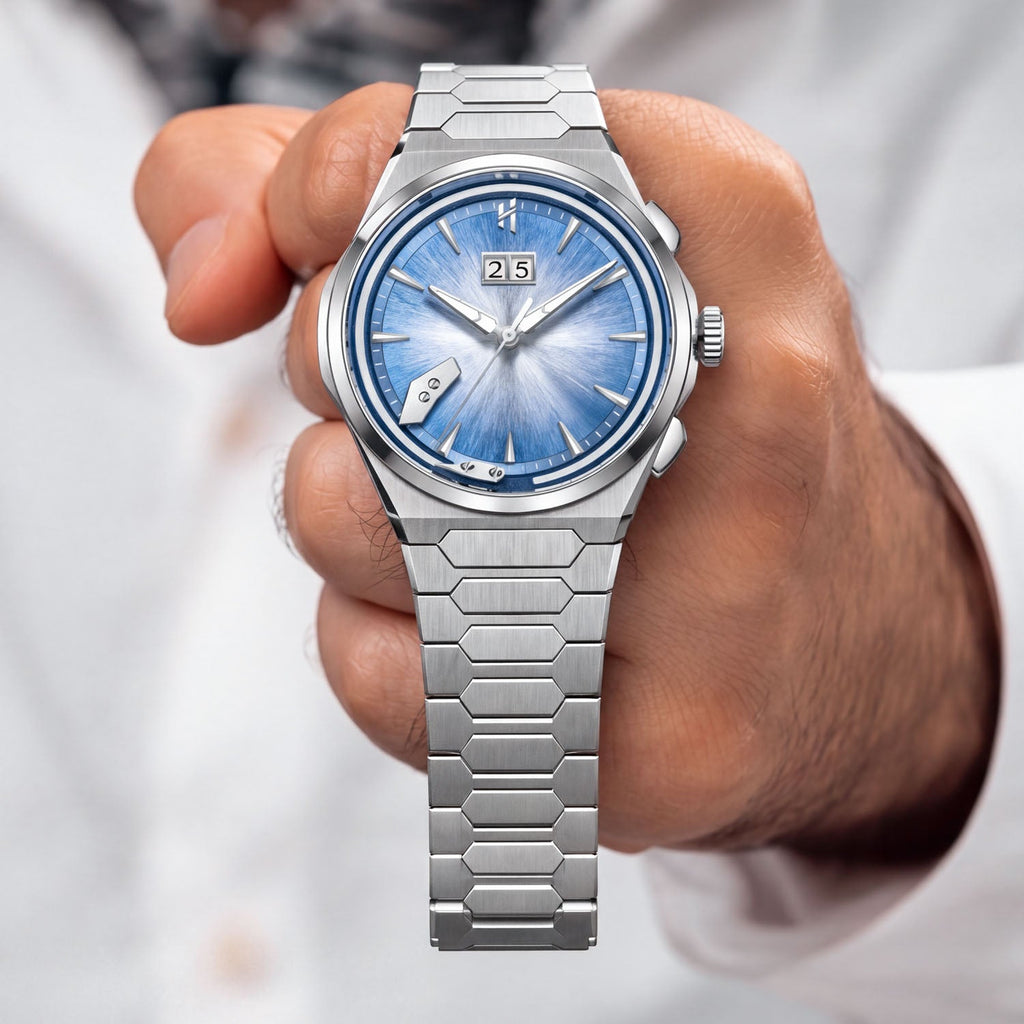 Lucky Harvey Chiming Watch 2.0 Blue — Held in hand, showing the blue dial and big date, available at IFL Watches.