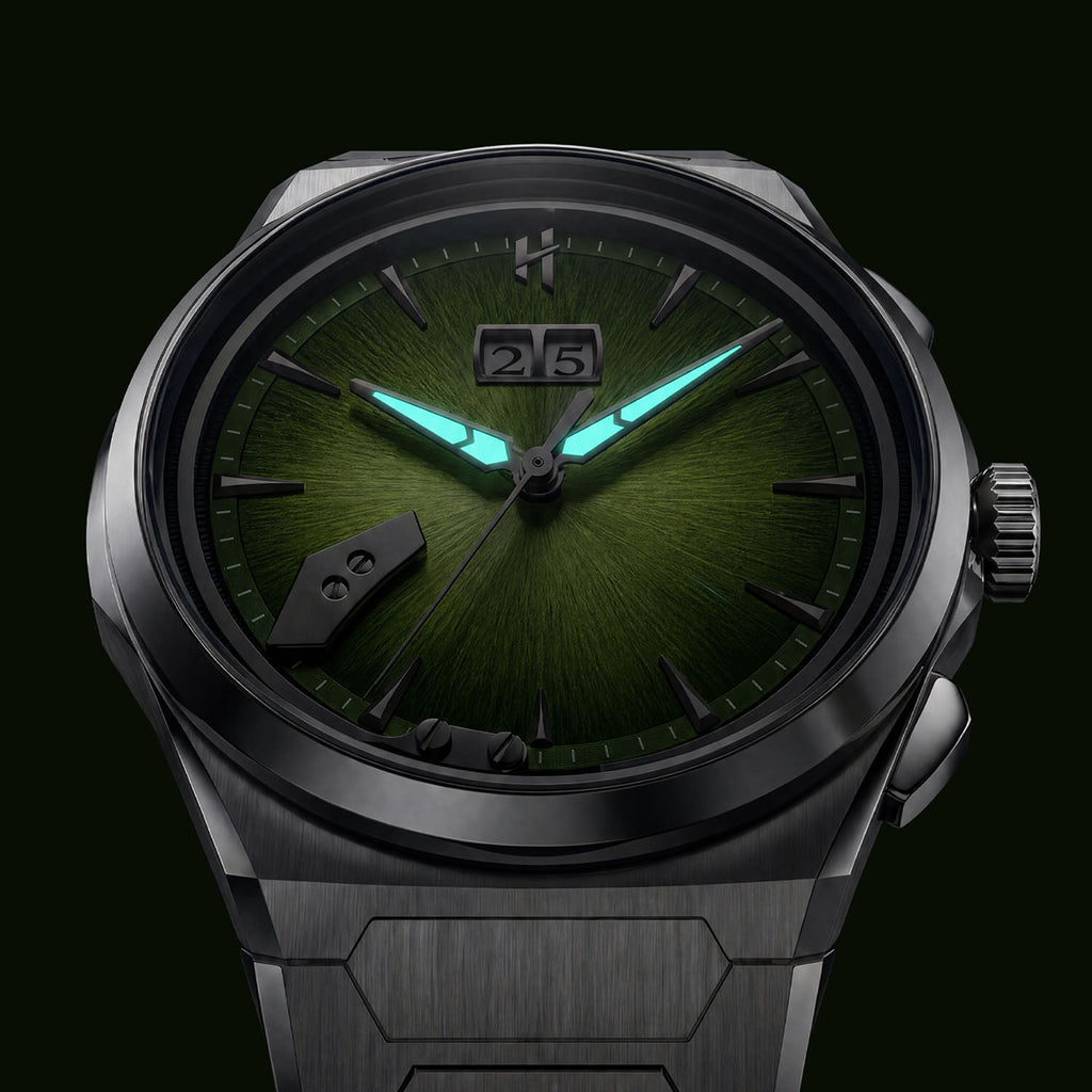 Lucky Harvey Chiming Watch 2.0 Green — In the dark, showing the luminous hands, available at IFL Watches.