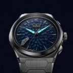 Lucky Harvey Hammered Chiming Watch 1.0 Ocean Blue — In the dark, showing the luminous hands, available at IFL Watches.