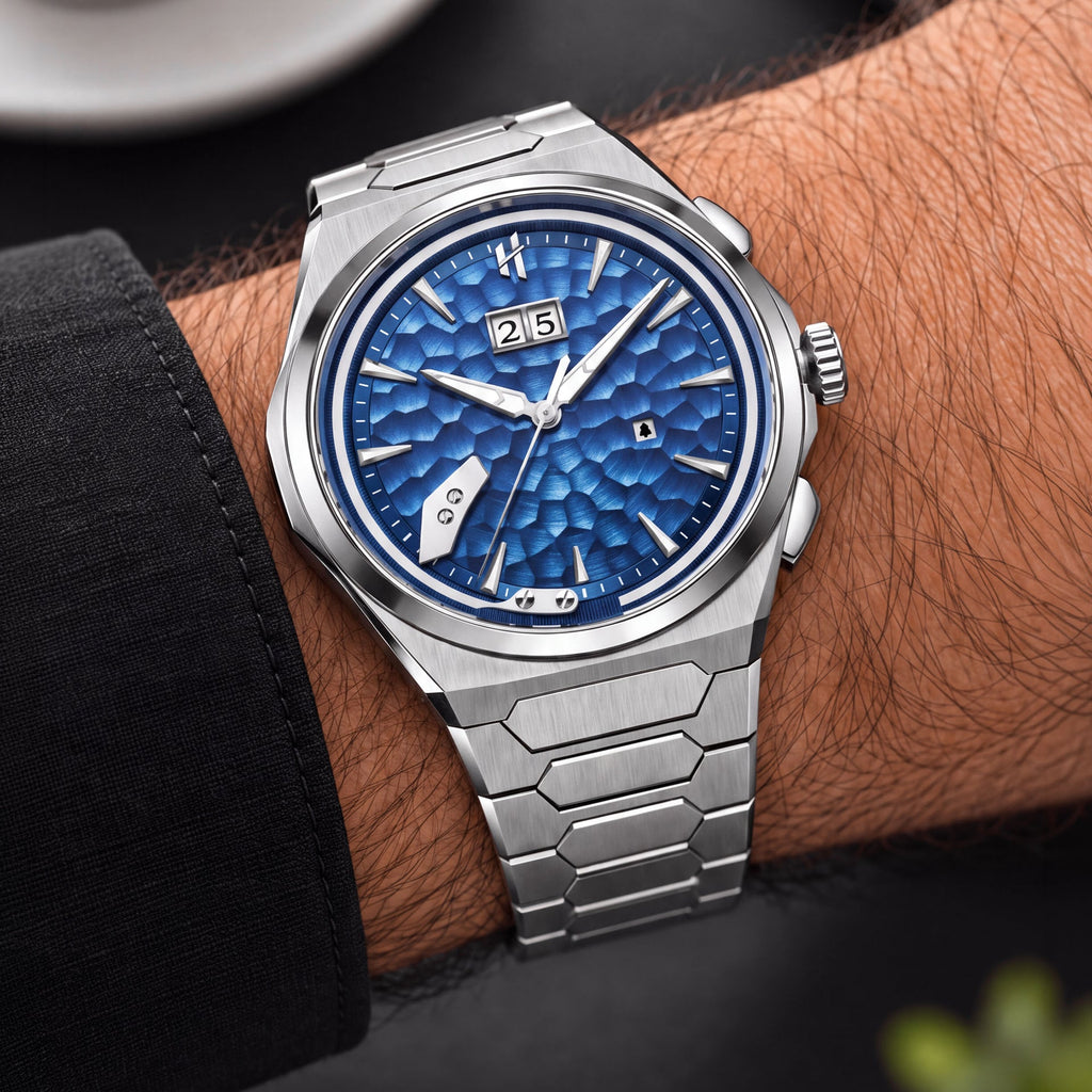 Lucky Harvey Hammered Chiming Watch 1.0 Ocean Blue — Worn on wrist at an angle, showing the crown and pushers, available at IFL Watches.