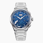 Lucky Harvey Hammered Chiming Watch 1.0 Ocean Blue — Front view of the hammered ocean blue dial with big date and chiming hammer, 40mm case on integrated bracelet, available at IFL Watches.