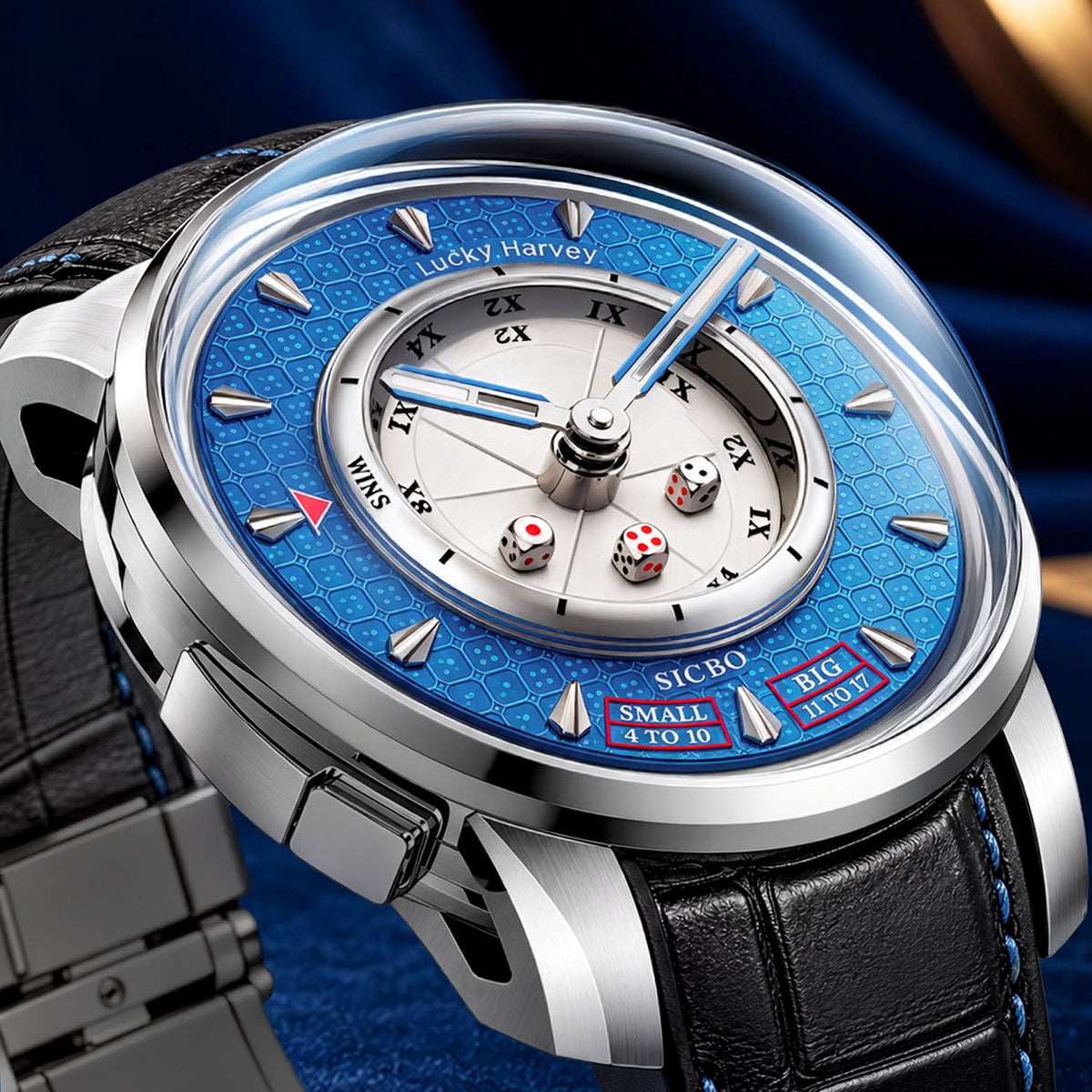 Lucky Harvey Sic Bo Blue — Close angled view of the dice cup, embossed dial and dice button on the left flank, available at IFL Watches.