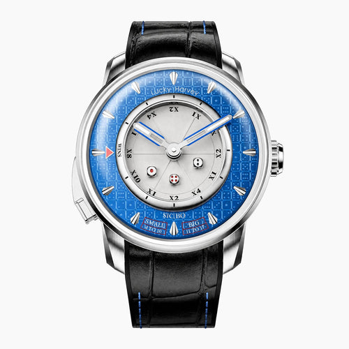 Lucky Harvey Sic Bo Blue — Front view of the blue dice dial with three silver dice, casino-chip hour scale and Big and Small zones, 43mm steel case on black leather strap, available at IFL Watches.