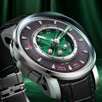 Lucky Harvey Sic Bo Green — Close angled view of the dice cup, embossed dial and dice button on the left flank, available at IFL Watches.