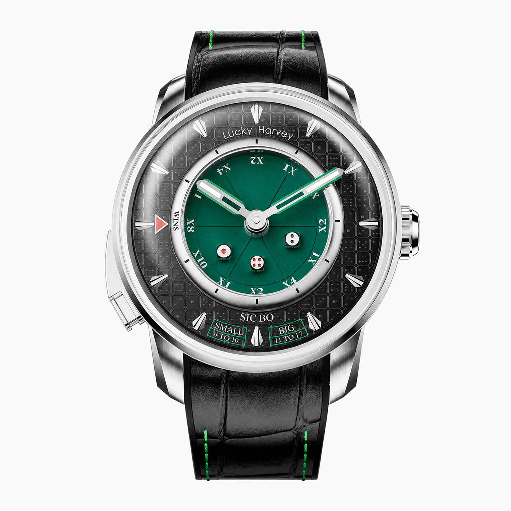 Lucky Harvey Sic Bo Green — Front view of the green dice dial with three silver dice, casino-chip hour scale and Big and Small zones, 43mm steel case on black leather strap, available at IFL Watches.
