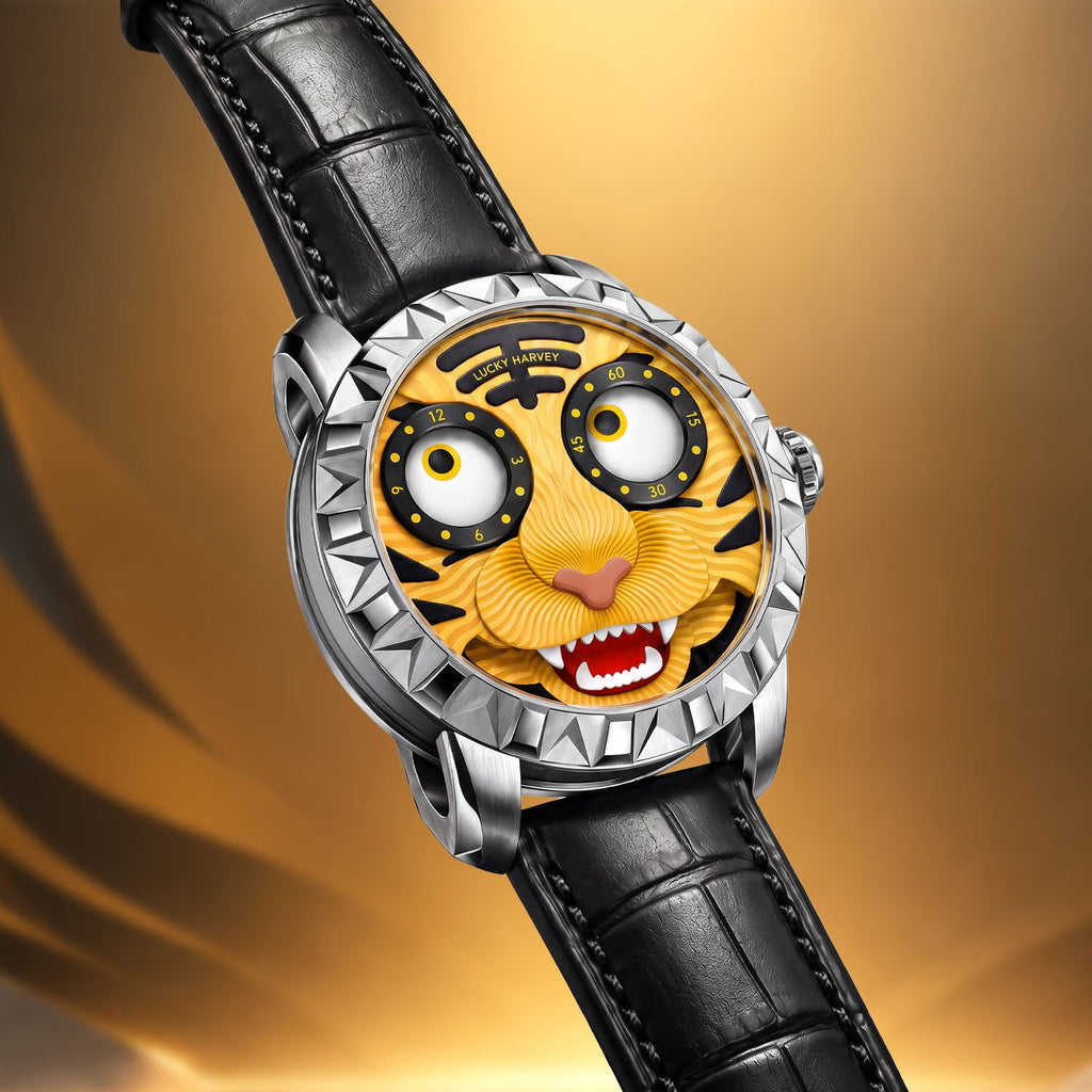 Lucky Harvey Tiger Gold — Angled view on the black leather strap, available at IFL Watches.
