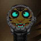 Lucky Harvey Tiger Gold — In the dark, showing the luminous eyes and teeth, available at IFL Watches.